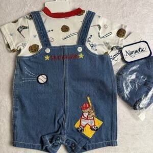 Vtg Baby Boy Baseball Overall Romper Outfit Hat Size 3-6 Months Retro Shortalls